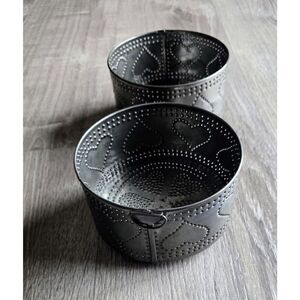 2 ~ Ivine's Tinwear Pierced Tin Heart Footed  Primitive Style PA Dutch 6"x3.5"